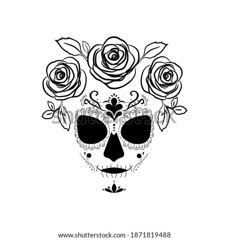 Death image of Santa Muerte with roses. Modern pagan cult in Mexico. Vector illustration.