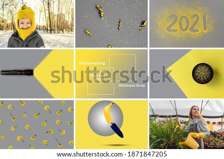 Collage from photos, gray yellow trendy colors 2021. Symbol winter and summer, flowers, bananas, boy, woman, flashlight.