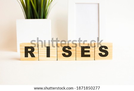 Wooden cubes with letters on a white table. The word is RISES. White background.
