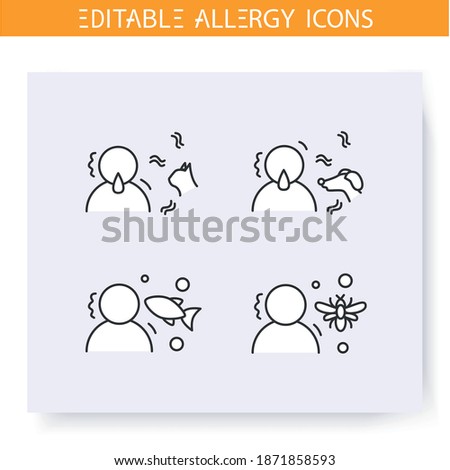 Allergies types line icons set. Dermal, respiratory and digestive allergies. Immunity reaction, immune intolerance and immunotherapy concept. Isolated vector illustrations. Editable stroke 