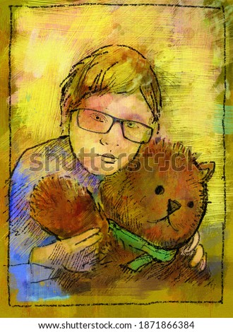Artistic drawing of a sad boy in glasses with a teddy bear in his hands.