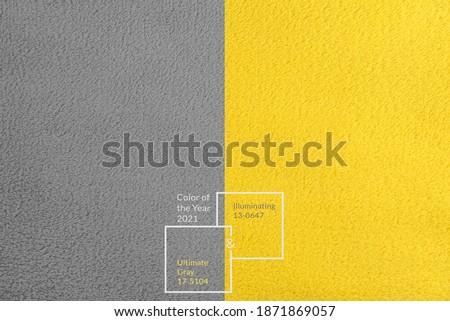 Yellow and gray wool rug texture background, copy space. Illuminating, ultimate gray. Color of the year 2021. Top view, flat lay