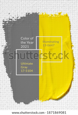 Yellow and gray paint strokes on white background, copy space. Illuminating, ultimate gray. Color of the year 2021. Top view, flat lay