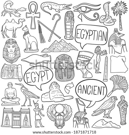 Egypt doodle icon set. Egyptian Vector illustration collection. Ancient Culture Banner Hand drawn Line art style.