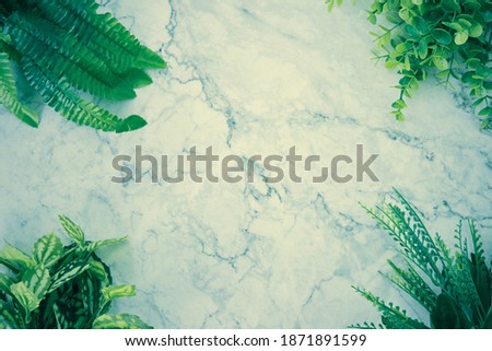 Modern Clean Flat Lay or Top View Office Desk or Office Table and Office Plants or Tree at Corner on Marble Minimalist Background in Vintage Tone