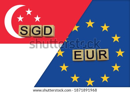 Singapore and Europe currencies codes on national flags background. International money transfer concept