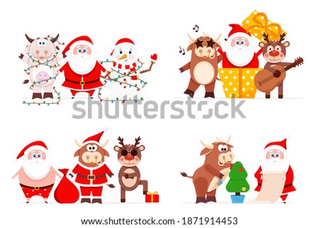 Merry Christmas and Happy New Year 2021, Santa Claus celebrates the New Year with a bik, a deer and a snowman.
The year of the bull is the symbol of Chinese New Year 2021.
Vector illustration.