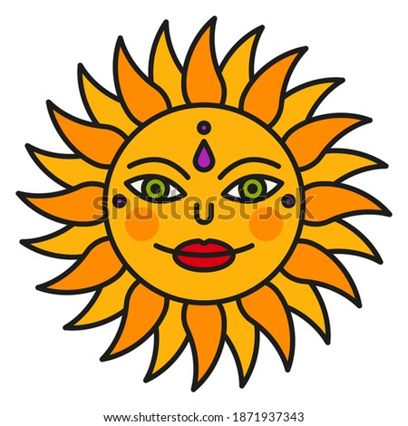 Simple bright vector illustration. The symbol of the sun with a face in Russian traditional style.