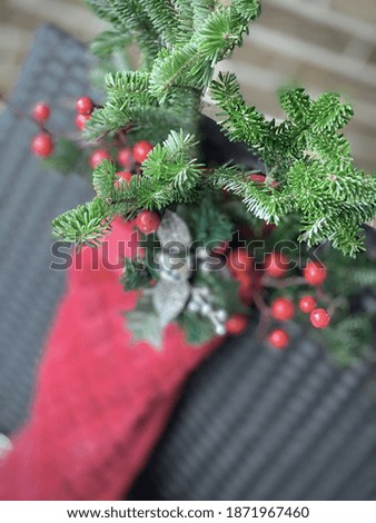 Closeup of Red Christmas Stocking with Live Greenery and Berries