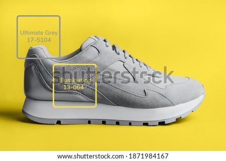 Gray sneaker on a yellow background. A trending image for your design. Colors 2021.