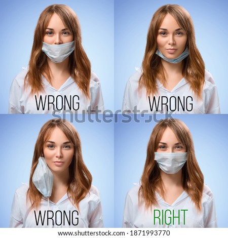 The protective mask on the girl is incorrectly put on. A masked nurse. Wrong. Quarantine during the virus. Self-isolation and illness. The doctor smiles. Coronavirus and protection. Collage of photos. Royalty-Free Stock Photo #1871993770