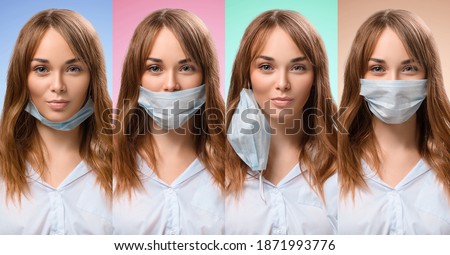 The protective mask on the girl is incorrectly put on. A masked nurse. Wrong. Quarantine during the virus. Self-isolation and illness. The doctor smiles. Coronavirus and protection. Collage of photos. Royalty-Free Stock Photo #1871993776