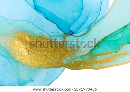 Alcohol ink blue transparent background. Ocean style watercolor drops texture.