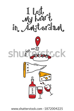 I lost my heart in Amsterdam. Amsterdam vector elements set. Travel and Tourism Concept. Travel poster, postcard