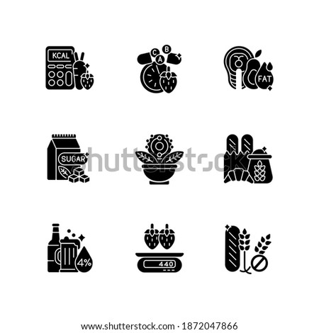 Foodstuff for nourishment black glyph icons set on white space. Alcohol drink. Good fats. Vitamin and mineral supplement. Gluten free. Calorie count. Silhouette symbols. Vector isolated illustration