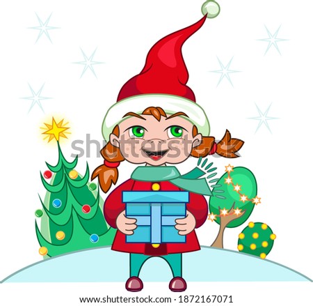 Happy cute girl with a Santa hat holding a Christmas gift on a Christmas setting. Vector Illustration.