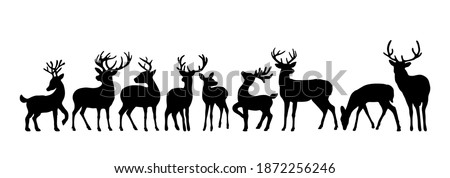 Vector big set of black deer stag reindeer with antlers.Outline silhouette stencil drawing illustration isolated on white background .Sticker.T shirt print.Plotter Cutting. Laser cut. Christmas decor.