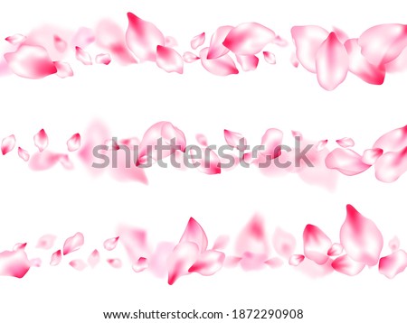 Japanese cherry blossom pink flying petals windy blowing background. Isolated flower parts wedding decoration vector. Spring or summer light flower petals illustration. Springtime symbols.