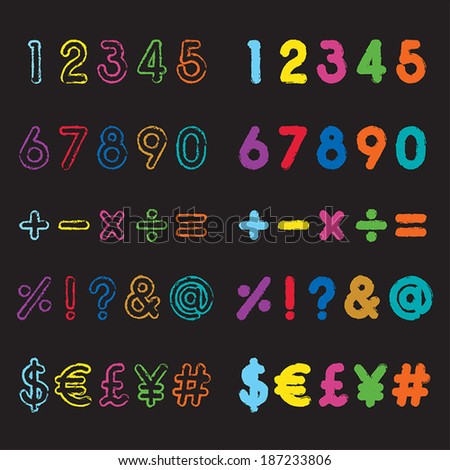 colorful grunge style number and symbol fonts. vector.