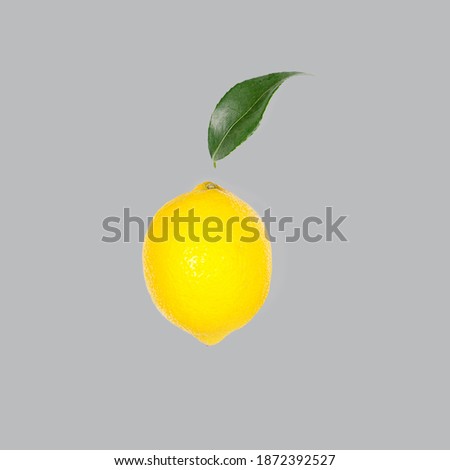 Creative layout made of bright illuminating yellow lemon and green leaf on gray color background. Concept of Color of the Year 2021. Flat lay, close up. 