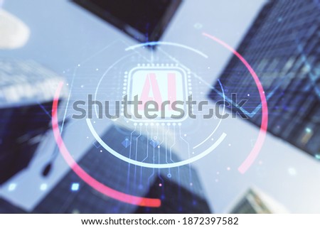 Double exposure of creative artificial Intelligence abbreviation hologram on blurry cityscape background. Future technology and AI concept