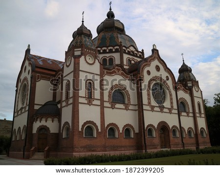 Picture of Subotica Synagogue, also known as Jakab and Komor Synagogue, in the beginning of the afternoon, in Subotica. The Jakab and Komor Square Synagogue in Subotica is a Hungarian Art 