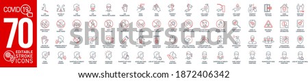 Prevention and symptoms Coronavirus Covid19 line icons set isolated on white. Perfect outline health medicine symbols pandemic banner. Vector design elements covid virus treatment with editable Stroke Royalty-Free Stock Photo #1872406342