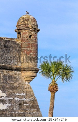 Round sentry boxes or turrets (garitas) overhang the corners of the bastions of the Castillo de San Marcos, a centuries old Spanish fort in St. Augustine, Florida. This is the San Augustin Bastion.