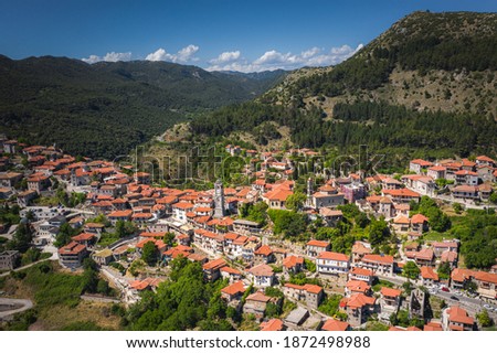 Dimitsana village at mountains, Arkadia, Greece. Aerial view of traditional village