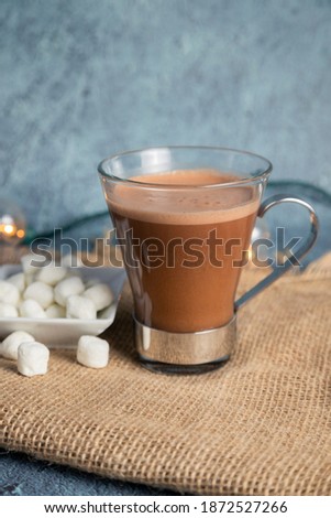 Chocolate mug with gingerbread cookie and marshmallows with Christmas lights - Christmas eve - Christmas content - Christmas traditions