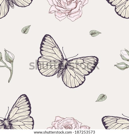 hand drawn butterflies and roses buds seamless pattern vintage engraving style