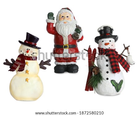 Cute Christmas Ornaments.  Santa Claus and Snowman in a top hat.  Skis and ice skates.  Plaid scarf.  Santa hat.  Black boots. Holiday decorations.