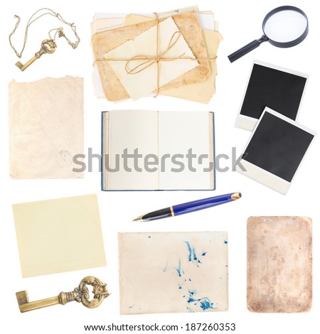 set of book, various old paper sheets and vintage photos isolated on white background 