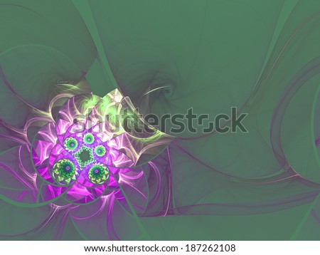 Beautiful colorful flower. Digitally generated fractal pattern. Can be used as a design element or a background. The image contains indigo, pink, and green colors.