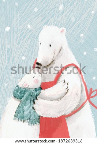 Beautiful christmas stock illustration with hand drawn watercolor cute polar bear family. Mother and child.