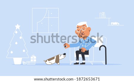 Grandpa at home with dog playing vector illustration