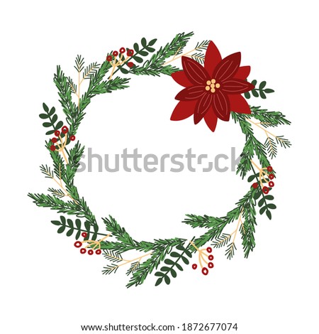 Christmas wreath made of fir and pine branches, with various herbs and poinsettia. Hand draw. Vector image for postcards, cards, banners.