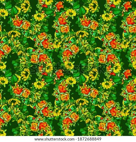 Sunflowers and roses seamless pattern. Watercolor illustration.