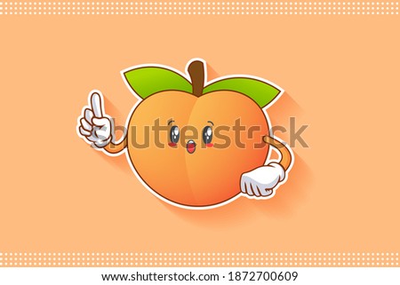 WOW, SURPRISED, AMAZED, DISMAY Face Emotion. Forefinger Hand Gesture. Peach Fruit Cartoon Drawing Mascot Illustration.