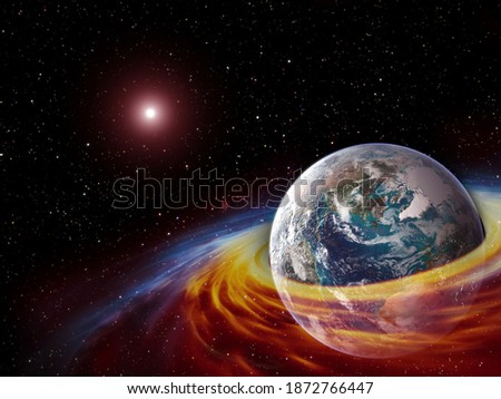 Planet Earth in a ring of particles and gas in a space with sun and stars, futuristic picture of the future. The elements of this image furnished by NASA.