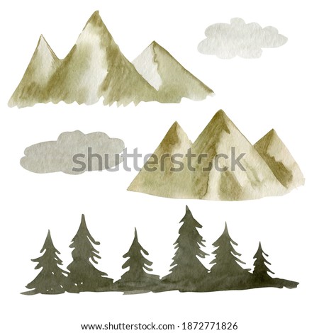 Watercolor drawing of fir trees, mountains, clouds isolated on white background.