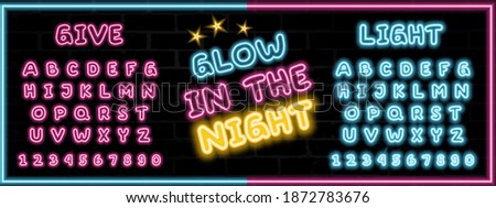 Neon alphabet font. Vector illuminated effect. All numbers also included. Retro style template. Glowing neon script with the English alphabet.