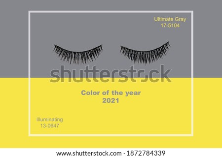 False eyelashes on gray and yellow background, top view. Trendy colors of the year 2021