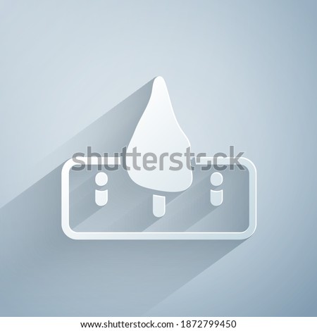 Paper cut Deforestation icon isolated on grey background. Chopping forest, destruction of wood. Danger for ecology and air pollution. Paper art style. Vector