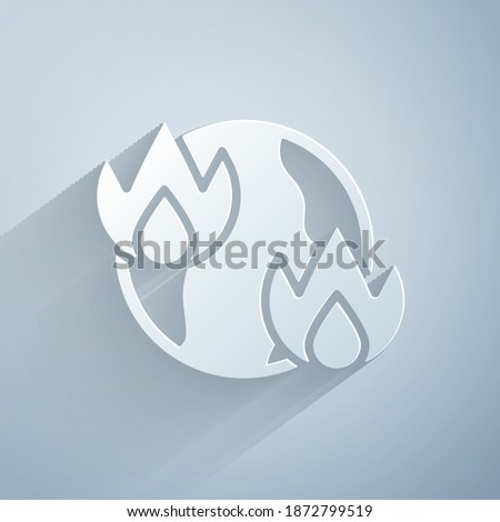 Paper cut Global warming fire icon isolated on grey background. Paper art style. Vector