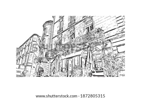 Building view with landmark of Bordeaux is the 
city of France. Hand drawn sketch illustration in vector.