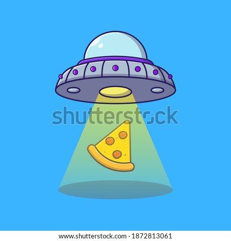 Cute UFO and pizza illustration. Alien spaceship picking up a pizza. Food icon concept illustration. Flat cartoon vector illustration isolated.