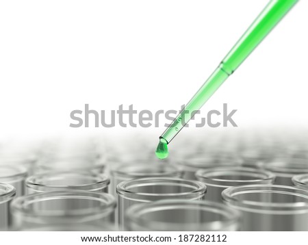 Dropping green liquid in test-tubes on white background
