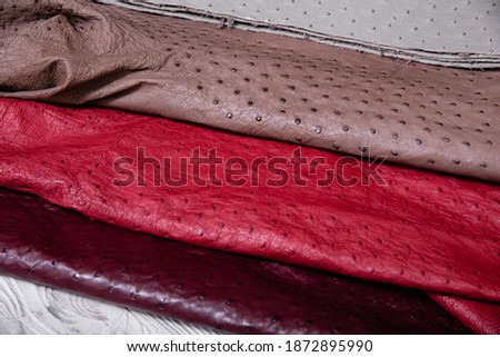 Colorful dyed natural genuine ostrich leather folded on a table.