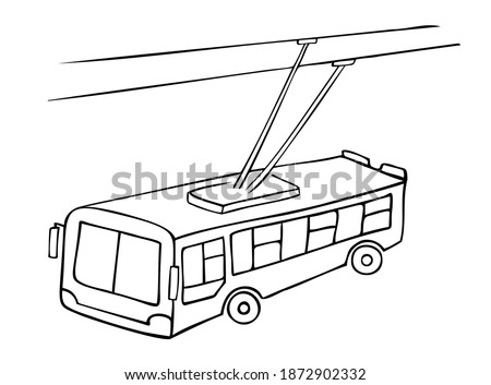 Public transport, electric transport trolleybus. Hand drawn contour sketch, black and white. 